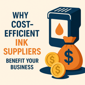 Cost Efficient Inks | inkpronto.com Illustration of an ink cartridge with a money bag and coins, highlighting the benefits of cost-efficient ink suppliers for businesses.